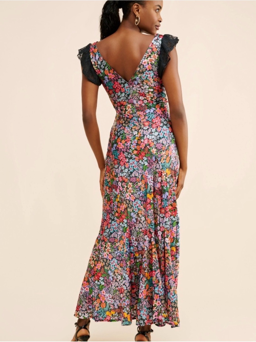 Beach Riot Elodie Floral Maxi Dress Maxi floral Black Bias Cut sz L lace trim